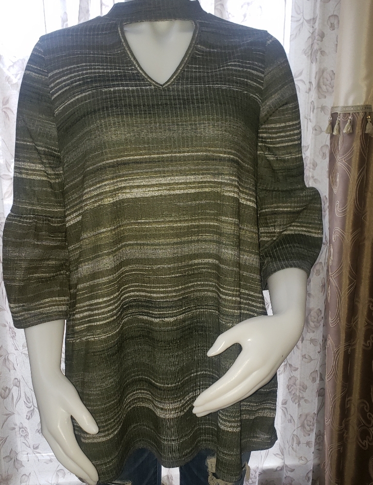 Isela Knit Ribbed Shirt Olive Green Open Neck Bell